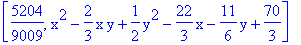 [5204/9009, x^2-2/3*x*y+1/2*y^2-22/3*x-11/6*y+70/3]